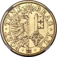 Swiss cantons coin 20 Francs (1848) obverse obverse of 20 Francs (1848) coin with KM# 140 from Swiss cantons. Inscription: · POST · TENE- -BRAS · LUX · IHS