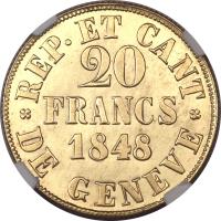 Swiss cantons coin 20 Francs (1848) reverse reverse of 20 Francs (1848) coin with KM# 140 from Swiss cantons. Inscription: REP · ET CANT 20 FRANCS 1848 DE GENEVE