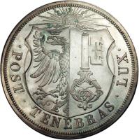 Swiss cantons coin 10 Francs (1848 - 1851) obverse obverse of 10 Francs (1848 - 1851) coin with KM# 138 from Swiss cantons. Inscription: · POST · TENEBRAS · LUX ·
