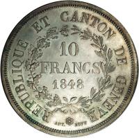Swiss cantons coin 10 Francs (1848 - 1851) reverse reverse of 10 Francs (1848 - 1851) coin with KM# 138 from Swiss cantons. Inscription: REPUBLIQUE ET CANTON DE GENEVE 10 FRANCS 1848 ANT. BOVY