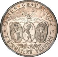 Swiss cantons coin 4 Franks - Shooting Festival (1842) obverse obverse of 4 Franks - Shooting Festival (1842) coin with KM# 17 from Swiss cantons. Inscription: CANTON GRAUBÜNDEN 4 SCHWEIZER FRANKEN