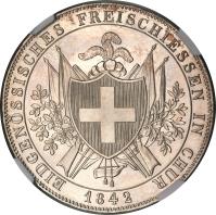 Swiss cantons coin 4 Franks - Shooting Festival (1842) reverse reverse of 4 Franks - Shooting Festival (1842) coin with KM# 17 from Swiss cantons. Inscription: EIDGENÖSSISCHES FREISCHIESSEN IN CHUR 1842