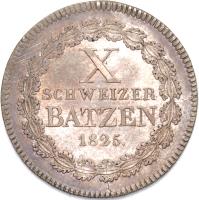 Swiss cantons coin 10 Schweizer Batzen (1825) reverse reverse of 10 Schweizer Batzen (1825) coin with KM# 12 from Swiss cantons. Inscription: X. SCHWEIZER BATZEN 1825.