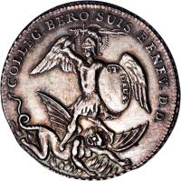 Swiss cantons coin 1/4 Thaler - Beromünster (1720) reverse reverse of 1/4 Thaler - Beromünster (1720) coin with KM# 12 from Swiss cantons. Inscription: COLLEG. BERO. SUIS. BENEV. D.D. QUIS UT DEUS