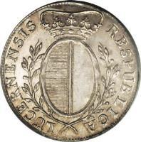 Swiss cantons coin 40 Kreuzer (1796) obverse obverse of 40 Kreuzer (1796) coin with KM# 91 from Swiss cantons. Inscription: RESPUBLICA LUCERNENSIS