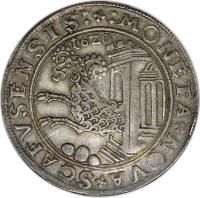 Swiss cantons coin 1 Thaler (1620 - 1624) obverse obverse of 1 Thaler (1620 - 1624) coin with KM# 25 from Swiss cantons. Inscription: :MONETA NOVA SCAFVSENSIS: 16Z0