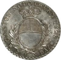 Swiss cantons coin 5 Batzen (1826) obverse obverse of 5 Batzen (1826) coin with KM# 83 from Swiss cantons. Inscription: CANTON SOLOTHURN 1826 * 5 BAZ*