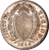Swiss cantons coin 4 Franchi (1814) obverse obverse of 4 Franchi (1814) coin with KM# 6 from Swiss cantons. Inscription: CANTONE TICINO 1814