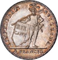 Swiss cantons coin 4 Franchi (1814) reverse reverse of 4 Franchi (1814) coin with KM# 6 from Swiss cantons. Inscription: CONFEDERAZ: SVIZZERA. XIX CANT 4.FRANCHI