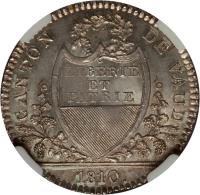 Swiss cantons coin 10 Batz (1810 - 1811) obverse obverse of 10 Batz (1810 - 1811) coin with KM# 15 from Swiss cantons. Inscription: CANTON DE VAUD LIBERTE ET PATRIE 1810.