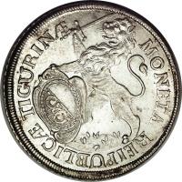 Swiss cantons coin 1 Thaler (1721 - 1761) obverse obverse of 1 Thaler (1721 - 1761) coin with KM# 143 from Swiss cantons. Inscription: MONETA REIPUBLIC · TIGURIN ·