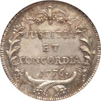Swiss cantons coin 1 Gulden (1776) reverse reverse of 1 Gulden (1776) coin with KM# 166 from Swiss cantons. Inscription: IUSTITIA ET CONCORDIA 1776.