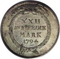 Swiss cantons coin 1 Gulden (1783 - 1798) reverse reverse of 1 Gulden (1783 - 1798) coin with KM# 174 from Swiss cantons. Inscription: XXII AVFIFEINE MARK 1794