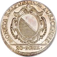Swiss cantons coin 20 Schillings (1774 - 1780) obverse obverse of 20 Schillings (1774 - 1780) coin with KM# 160 from Swiss cantons. Inscription: MONETA REIPUBLICÆ TURICENSIS 20 · SCHIL ·
