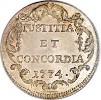 Swiss cantons coin 20 Schillings (1774 - 1780) reverse reverse of 20 Schillings (1774 - 1780) coin with KM# 160 from Swiss cantons. Inscription: IUSTITIA ET CONCORDIA 1774 ·