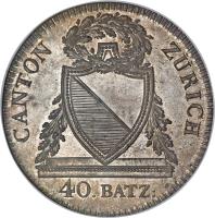 Swiss cantons coin 40 Batzen (1813) obverse obverse of 40 Batzen (1813) coin with KM# 190 from Swiss cantons. Inscription: CANTON ZÜRICH 40.BATZ