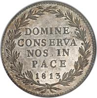 Swiss cantons coin 40 Batzen (1813) reverse reverse of 40 Batzen (1813) coin with KM# 190 from Swiss cantons. Inscription: DOMINE CONSERVA NOS IN PACE 1813 B