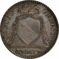 Swiss cantons coin 20 Batzen (1813) obverse obverse of 20 Batzen (1813) coin with KM# 186 from Swiss cantons. Inscription: CANTON ZÜRICH .B. 20.BATZ: