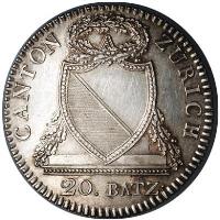 Swiss cantons coin 20 Batzen (1813) obverse obverse of 20 Batzen (1813) coin with KM# 187 from Swiss cantons. Inscription: CANTON ZÜRICH 20. BATZ: