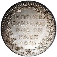 Swiss cantons coin 20 Batzen (1813) reverse reverse of 20 Batzen (1813) coin with KM# 187 from Swiss cantons. Inscription: DOMINE CONSERVA NOS IN PACE 1813