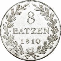 Swiss cantons coin 8 Batzen (1810 - 1814) reverse reverse of 8 Batzen (1810 - 1814) coin with KM# 184 from Swiss cantons. Inscription: 8 BATZEN 1810 B