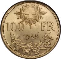 reverse of 100 Francs (1925) coin with KM# 39 from Switzerland. Inscription: 100 FR 1925 B