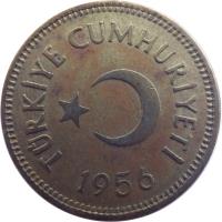 obverse of 25 Kuruş (1948 - 1956) coin with KM# 886 from Turkey. Inscription: TÜRKİYE CUMHURİYETİ 1956