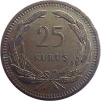 reverse of 25 Kuruş (1948 - 1956) coin with KM# 886 from Turkey. Inscription: 25 KURUS