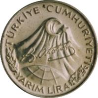 Turkey coin 1/2 Lira - Atatürk (1981) obverse obverse of 1/2 Lira - Atatürk (1981) coin with KM# 941 from Turkey. Inscription: TÜRKİYE CUMHURİYETİ YARIM LİRA