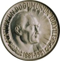 Turkey coin 1/2 Lira - Atatürk (1981) reverse reverse of 1/2 Lira - Atatürk (1981) coin with KM# 941 from Turkey. Inscription: ATATÜRK'ÜN DOĞUMUNUN 100.YILI 1881-1981