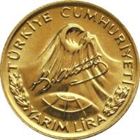 obverse of 1/2 Lira - Atatürk (1981) coin with KM# 941a from Turkey. Inscription: TÜRKİYE CUMHURİYETİ YARIM LİRA