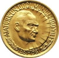 reverse of 1/2 Lira - Atatürk (1981) coin with KM# 941a from Turkey. Inscription: ATATÜRK'ÜN DOĞUMUNUN 100.YILI 1881-1981