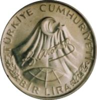 obverse of 1 Lira - Atatürk (1981) coin with KM# 942 from Turkey. Inscription: TÜRKİYE CUMHURİYETİ BİR LİRA