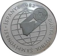 obverse of 500 Lira - World Cup (1982) coin with KM# 952 from Turkey. Inscription: DÜNYA FUTBOL SAMPİYONASI İSPANYA 1982