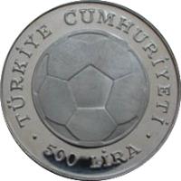 reverse of 500 Lira - World Cup (1982) coin with KM# 953 from Turkey. Inscription: TÜRKİYE CUMHURİYETİ 500 LİRA