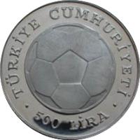 Turkey coin 500 Lira - World Cup (1982) reverse reverse of 500 Lira - World Cup (1982) coin with KM# 953 from Turkey. Inscription: TÜRKİYE CUMHURİYETİ 500 LİRA