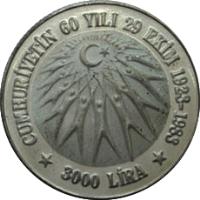 Turkey coin 3000 Lira - Republic's Anniversary (1983) reverse reverse of 3000 Lira - Republic's Anniversary (1983) coin with KM# 960 from Turkey. Inscription: CUMHURİYETİN 60 YILI 29 EKİN 1923-1983 3000 LİRA