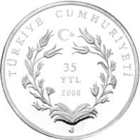 obverse of 35 Yeni Lira - Nasreddin Hoca (2008) coin with KM# 1238 from Turkey. Inscription: TÜRKİYE CUMHURİYETİ 35 YTL 2008 J