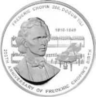 Turkey coin 50 Lira - Frederic Chopin (2009) obverse obverse of 50 Lira - Frederic Chopin (2009) coin with KM# 1252 from Turkey. Inscription: FREDERIC CHOPIN 200.DOĞUM YILI 1810-1849 200TH ANNIVERSARY OF FREDERIC CHOPIN'S BIRTH