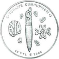 reverse of 40 Yeni Lira - Çatalhöyük (2008) coin with KM# 1235 from Turkey. Inscription: TÜRKİYE CUMHURİYETİ 40 YTL 2008