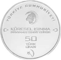 reverse of 50 Lira - Water Fountain of Life (2009) coin with KM# 1254 from Turkey. Inscription: TÜRKİYE CUMHURİYETİ KÜRESEL ISINMA DÜNYAMIZI TEHDİT EDİYOR 50 TÜRK LİRASI