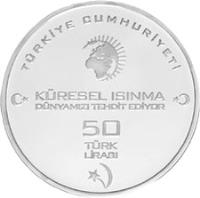 Turkey coin 50 Lira - Water Fountain of Life (2009) reverse reverse of 50 Lira - Water Fountain of Life (2009) coin with KM# 1254 from Turkey. Inscription: TÜRKİYE CUMHURİYETİ KÜRESEL ISINMA DÜNYAMIZI TEHDİT EDİYOR 50 TÜRK LİRASI