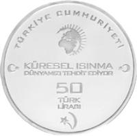 reverse of 50 Lira - Water Fountain of Life (2009) coin with KM# 1255 from Turkey. Inscription: TÜRKİYE CUMHURİYETİ KÜRESEL ISINMA DÜNYAMIZI TEHDİT EDİYOR 50 TÜRK LİRASI