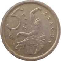 reverse of 5 Pesetas - Juan Carlos I - Aragon (1994) coin with KM# 931 from Spain. Inscription: ARAGON 5 ptas