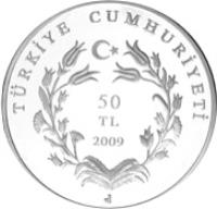 reverse of 50 Lira - Turkish National Movement (2009) coin with KM# 1247 from Turkey. Inscription: TÜRKİYE CUMHURİYETİ 50 TL 2009