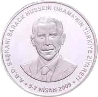 obverse of 50 Lira - Barack Obama (2009) coin with KM# 1245 from Turkey. Inscription: A.B.D. BAŞAKANI BARACK HUSSEIN OBAMA'NIN TÜRKİYE ZİYARETİ 5-7 NİSSAN 2009