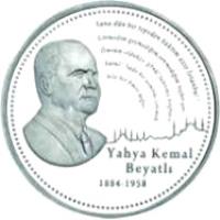 Turkey coin 35 Yeni Lira - Yahya Kemal Beyatlı (2008) obverse obverse of 35 Yeni Lira - Yahya Kemal Beyatlı (2008) coin with KM# 1232 from Turkey. Inscription: Yahya Kemal Beyatlı 1884-1958