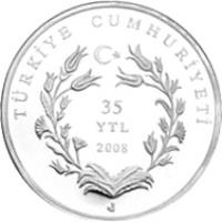 reverse of 35 Yeni Lira - Yahya Kemal Beyatlı (2008) coin with KM# 1232 from Turkey. Inscription: TÜRKİYE CUMHURİYETİ 35 YTL 2008