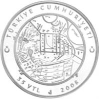 Turkey coin 35 Yeni Lira - Kaşgarlı Mahmut (2008) reverse reverse of 35 Yeni Lira - Kaşgarlı Mahmut (2008) coin with KM# 1233 from Turkey. Inscription: TÜRKİYE CUMHURİYETİ 35 YTL 2008