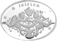 obverse of 25 Yeni Lira - Zodiac Gemini (2008) coin with KM# 1219 from Turkey. Inscription: İKİZLER